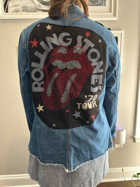 Rolling Stones Rhinestone Military Style Denim Blue Jean Jacket (M)